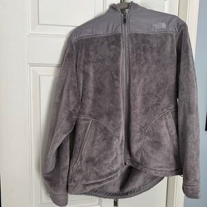 Grey Fuzzy North Face Jacket with hood. Size XL